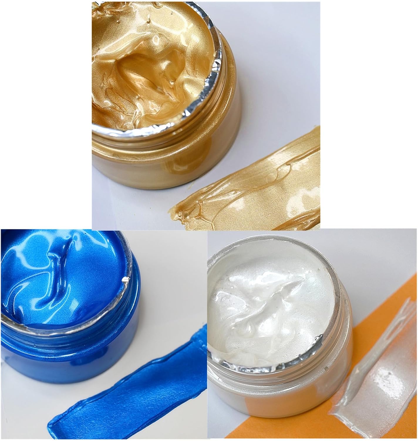 Shimmer Metallic Acrylic Paint Metallic Chalk Paste 1.7oz/50ml, Ideal for Wood/T-Shirts/Glass/Stone, DIY Crafts Projects Glitter Pearlescent Golden Pigment Suitable for Beginners Artists (3 Jars)