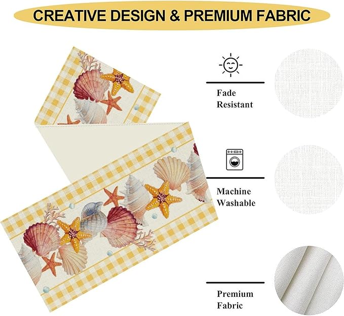 Coastal Table Runners, Yellow Plaid Buffalo Nautical Ocean Starfish Coral Seashell Pearl Beach Summer Coffee Table Center Decor for Family Wedding Holiday Party Farmhouse Table Decorations, 13" X 72"
