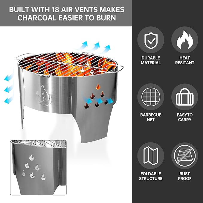 Camping Campfire Grill, Portable Folding Charcoal Stove, Backpacking BBQ Rack, Stainless Steel Heavy Duty Firepit Cooker with Carry Bag for Outdoor Cooking, Bonfire, Patio, Backyard