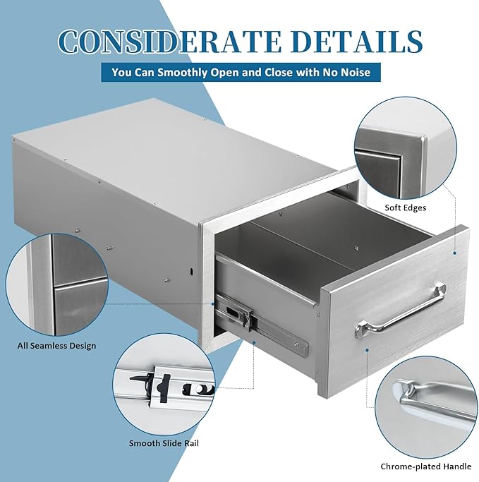 Outdoor Kitchen Drawers 14"Wx8.5"Hx23"D Flush Mount Access Single Drawer BBQ Stainless Steel Drawers with Handle for Outdoor Kitchen Island or Grill Station
