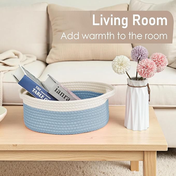 Woven Basket,Small Rope Storage Bin with Handles & Ribbon Bag, Organizer for Shelves Closets,Gift Basket Empty for Birthday,Books,Dog Toys, White&Blue