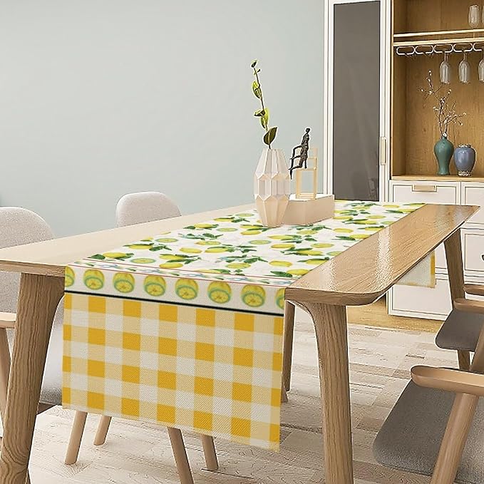 Lemon Buffalo Plaid Table Runner,Rustic Farm Fruit Aesthetic Country Farmhouse Dining Table Decoration for Home Holiday Party Dresser Kitchen Cabin Restaurant Wedding Decor 13×70in