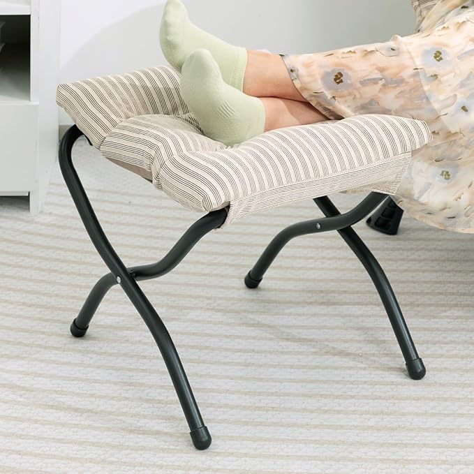 HollyHOME 15"(H) Folding Footrest Stool, Upholstered Small Foldable Ottoman, Accent Padded Sofa Foot Stool for Lazy Chair, Metal Frame Portable Foot Rest Ottoman for Living Room, Bedroom, Beige Stripe