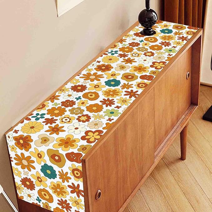 Groovy Floral Table Runner, Retro 70s Hippie Floral Funky Cute Flower Trippy Orange Coffee Table Center Decor For Home Kitchen Dining Patio Holiday Party Indoor Outdoor Table Decorations, 13"x90" Inch