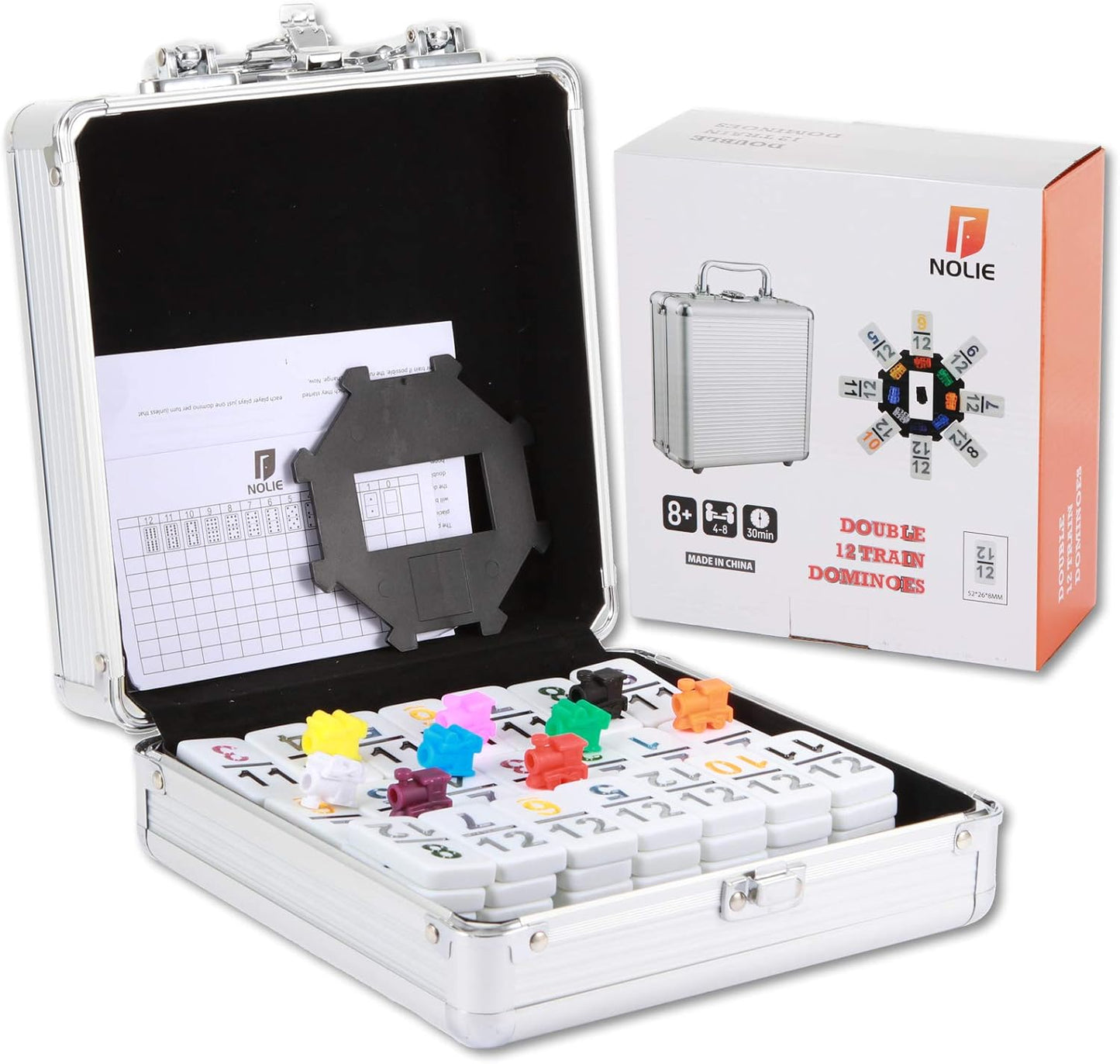 NOLIE Mexican Train Game, Double 12 Domino Set, Colored Number Dominoes with Aluminum Case