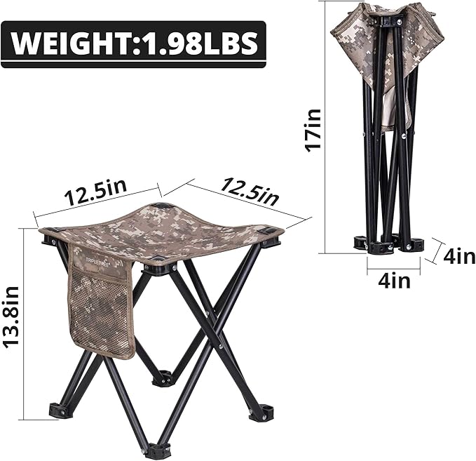 Triple Tree 2 Pack Folding Camping Stool, 13.8 Inch Small Portable Lightweight Stool with Side Pocket, Foot Stool with Carry Bag for Hiking, Fishing and Beach, Hold up to 400lbs, Camouflage