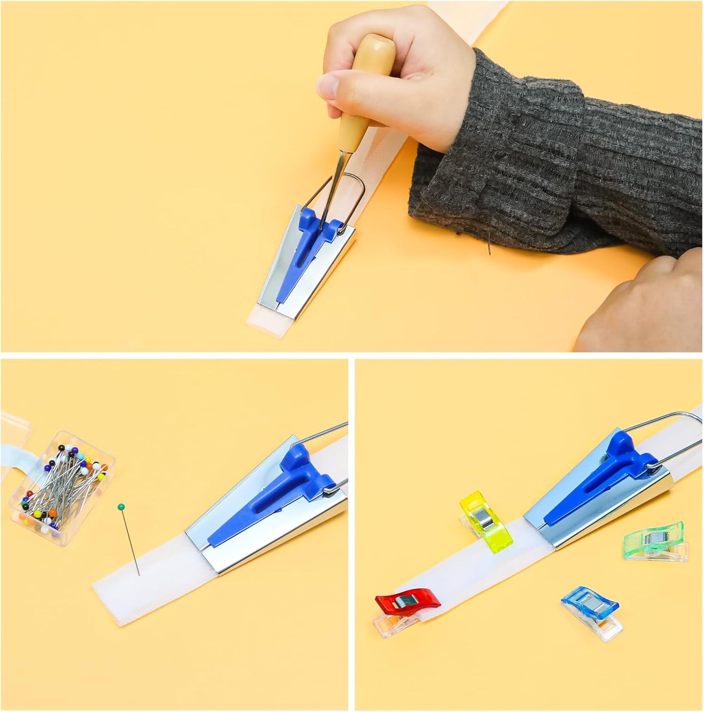 Funstreet Comprehensive Bias Tape Maker Kit, Fabric Tape Tools Sewing Machine Presser Foot, Sewing Clips Ball Point Pins, Awl for Fabric Sewing/Quilting