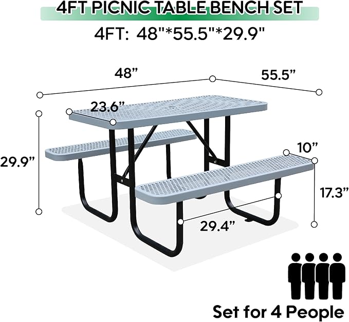 4FT Rectangular Metal Picnic Table for Outdoors, Commercial Steel Metal Picnic Tables, Heavy Duty Sturdy Picnic Tables Furniture Set for Patio Garden Courtyard BBQ, with Umbrella Hole, Grey