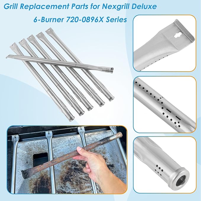 Replacement Parts for Nexgrill 720-0896B 720-0896E 720-0896C 720-0896X Deluxe 6-Burner Gas Grills, Cooking Grate, Heat Shield Tent and Burner for Nexgrill Replacement Parts 6 Burner