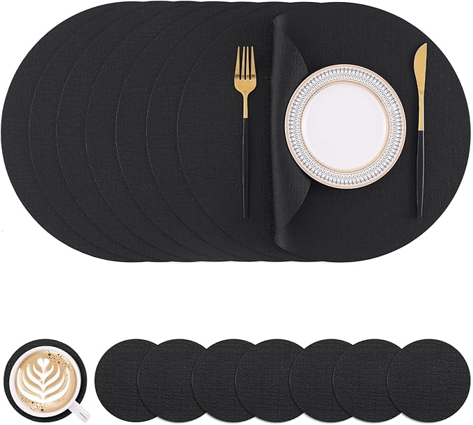 Homaxy Round Faux Leather Placemats and Coasters, Washable Dual-Side Table Mats, Wipeable Heat-Resistant Dining Place Mats for Outdoor and Indoor, Set of 8, Diameter 13 and 3.93 inch, Black