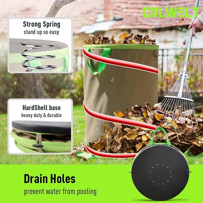 Colwelt Collapsible Garden Bag 47Gallon, Collapsible Leaf Bags with Hard Bottom, Heavy Duty Yard Waste Bag Leaf Bin, Leaf Pop up Trash Can (come with Leaf Scoop, Garden Gloves)
