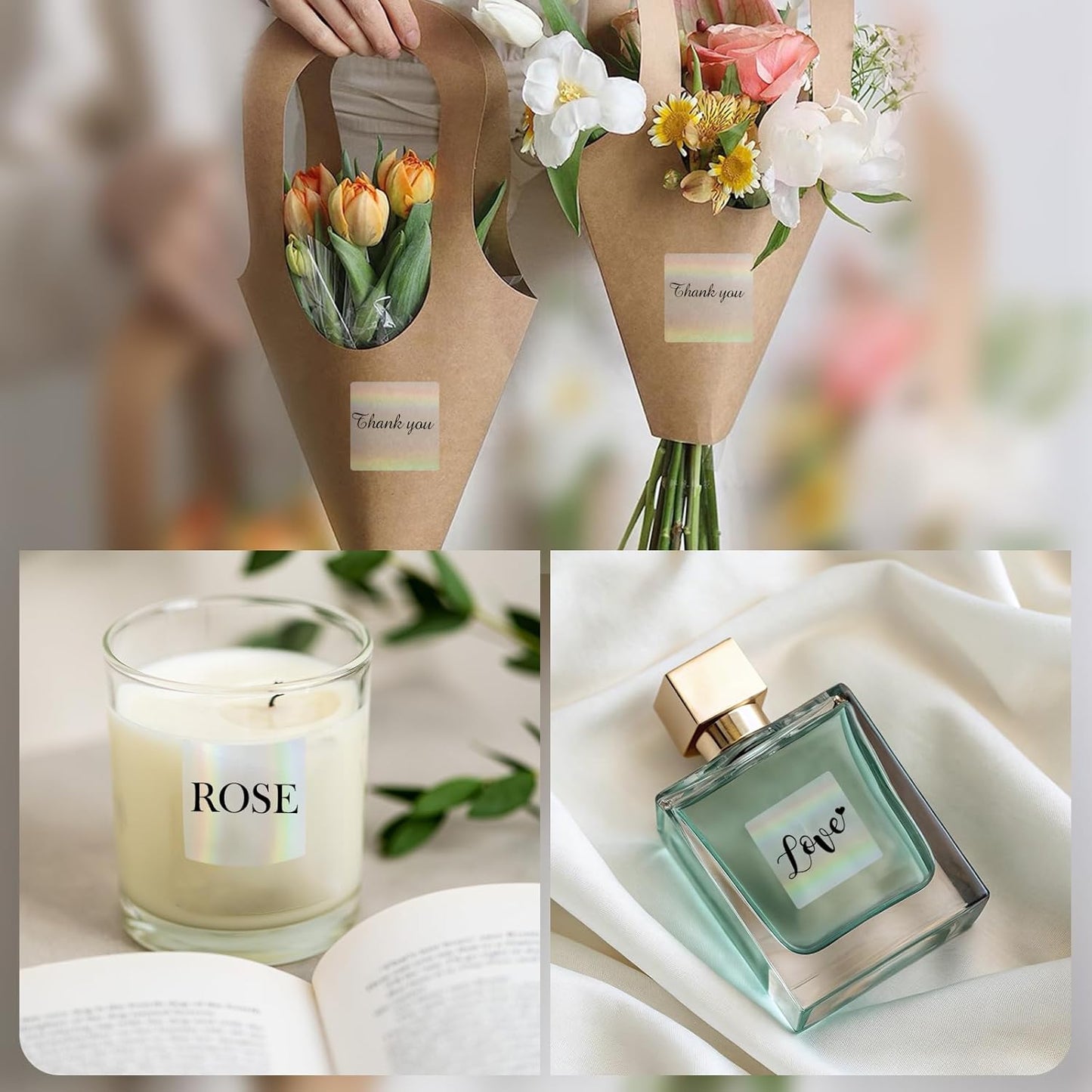 Square Transparent Clear Thermal Labels Stickers, 1.5 Inch Holographic Clear Transparent Thermal Label Stickers, Direct Printable Stickers for Small Businesses, Perforation Line Design- 300 Sheets