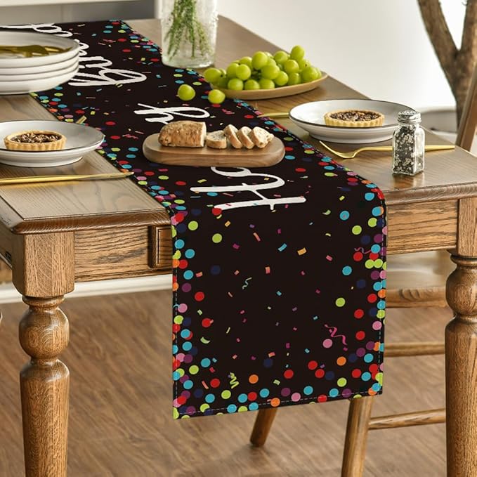 Artoid Mode Polka Dot Black Happy Birthday Table Runner, Seasonal Halloween Kitchen Dining Table Decoration for Home Party Decor 13x36 Inch