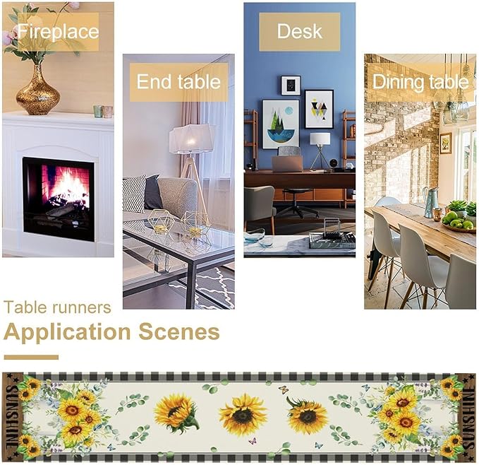 Sunflower Table Runner, Buffalo Floral Seasons Spring Summer Fall Table Runner for Kitchen Dining Farmhouse Home Party Outdoor 13x108in