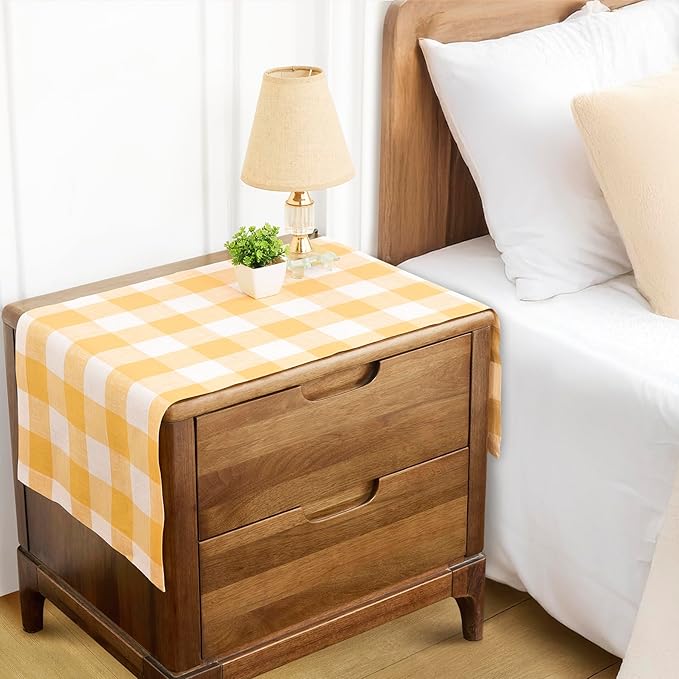Solino Home Linen Checkered Table Runner 36 Inches - 100% Pure Linen Mustard and White Buffalo Check Table Runner 14 x 36 Inch Ideal for Dresser and Coffee Tables, Spring, Easter