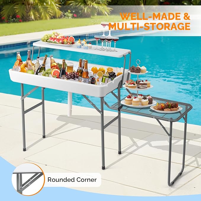 VINGLI Ice Table with Extra Storage Shelf,Side Table, Portasble Cooler Side Table with Removable Skirt, Patio Table, Indoor & Outdoor Bar for Events, Parties and Camping