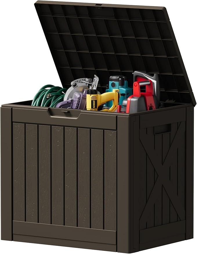 Devoko 40 Gallon Deck Box Outdoor Storage Box Waterproof for Patio, Large Outdoor Storage Bench Lockable for Outside (Deep Brown, 40 Gallon)