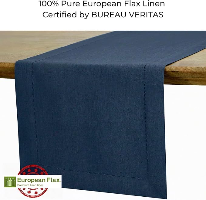 D'Moksha Homes Linen Navy Blue Table Runner 120 Inches Long - 100% Pure Linen Hemstitch 14 x 120 Inch Table Runner for Dining, Easter - Classic Hemstitch