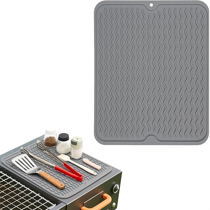 Grill Accessories, 14x11 Inch Silicone Heat Resistant Mat, BBQ Tool Rest Pad for Blackstone Griddle Side Shelf, Weber, Traeger, Outdoor Kitchen Countertop Protector (Grey)