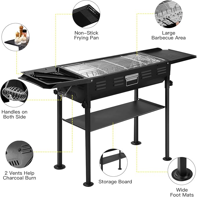 comzenz 35’’ Portable Charcoal Grill Folding BBQ Grill for Outdoor Grilling Cooking Camping Hiking Picnics Tailgating Backpacking Party, With Storage Bag & Non-Stick Frying Pan, Matte Black