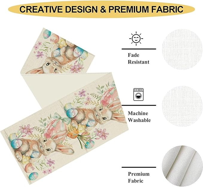 Easter Bunny Table Runner,Rustic Watercolor Bunnies Easter Eggs Carrots Floral Seasonal Table Center Decor for Family Kitchen Living Room Outdoor Farmhouse Party Table Decorations, 13"x36"