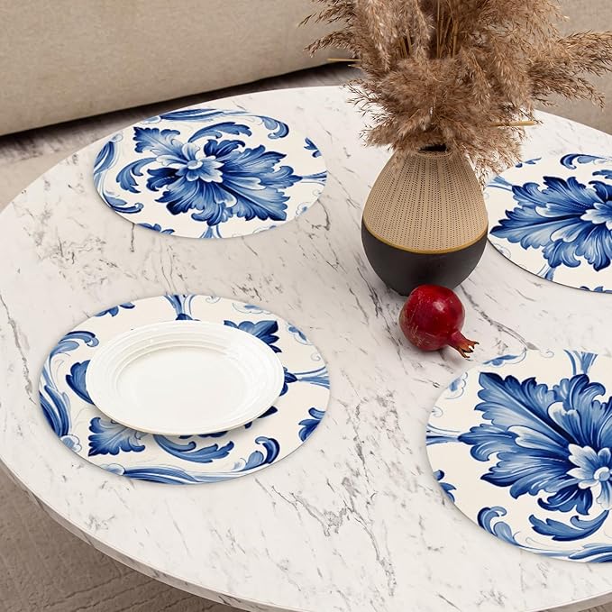 Faux Leather Placemats Set of 4,Watercolor Blue and White Porcelain Patterns Round Ding Table Placemat Heat-Resistant Waterproof Non-Slip Place Mats for Uitable for Indoor & Outdoor,13inch