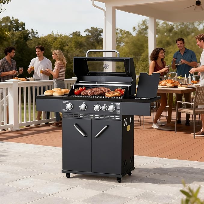 4 Burners Propane Gas Grill with Visual Glass, 50000 BTU Outdoor BBQ Propane Grill with Side Burner, Heighter, Double-Layer Lid, Stainless Steel Grids and Observing Changes in Food for Perfect BBQ
