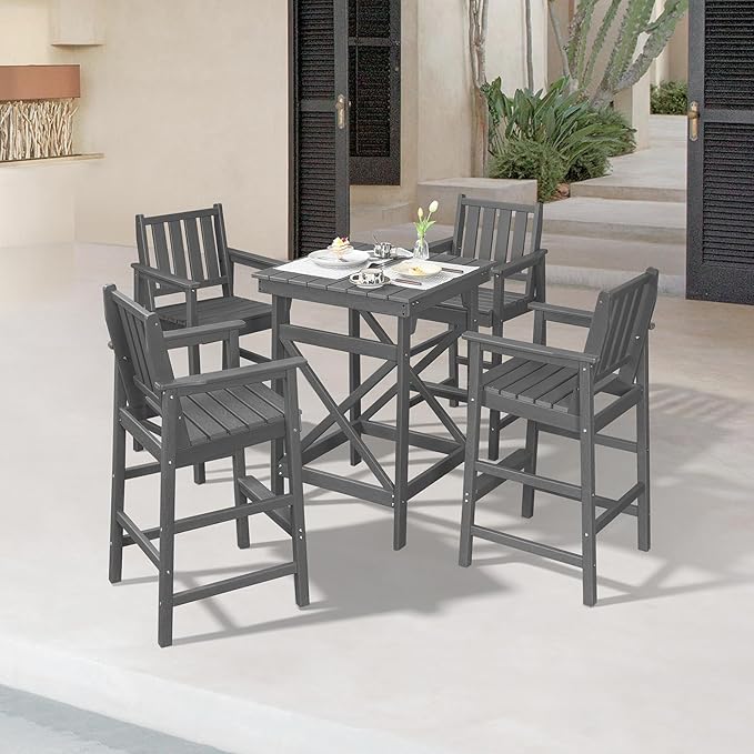 5 Pieces Adirondack Bar Chairs Set, HDPE Patio Bar Height Table and Chairs, Tall Adirondack Outdoor Bar Stools Set, HDPE Patio Bar Table Sets Furniture for Balcony, Garden, Pool, Smoke Gray
