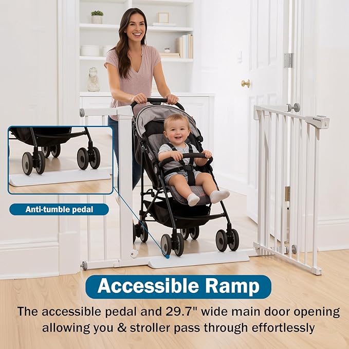 Baby Gate for Stairs, 29.7-40.6" Pressure Mounted Dog Gate, Auto Close Safety Gate for Children & Pets, Easy Install Pet Gate with Walk Thru Door for Doorways & Hallways, No Drilling, Dual-Lock Design