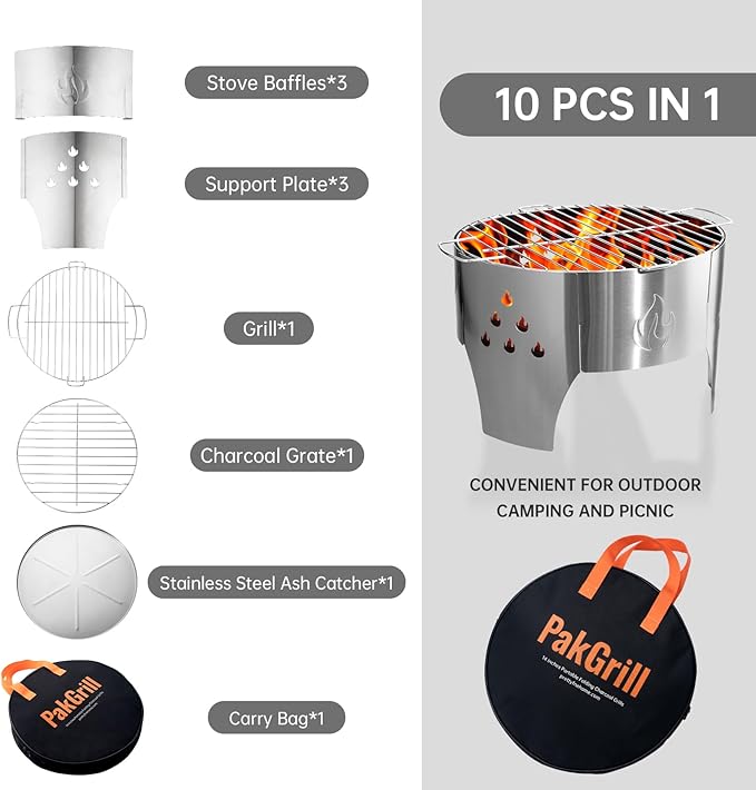 Camping Campfire Grill, Portable Folding Charcoal Stove, Backpacking BBQ Rack, Stainless Steel Heavy Duty Firepit Cooker with Carry Bag for Outdoor Cooking, Bonfire, Patio, Backyard