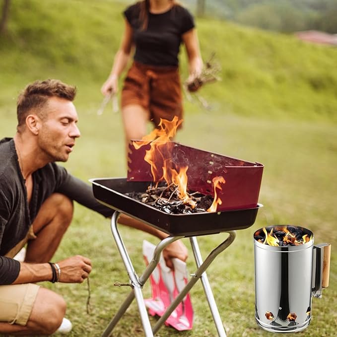 GANAZONO Quick Coal Starter Barrel BBQ Chimney Starter Grill Fire Starter with Heat Shield and Wooden Handle for Outdoor Barbecue Cooking