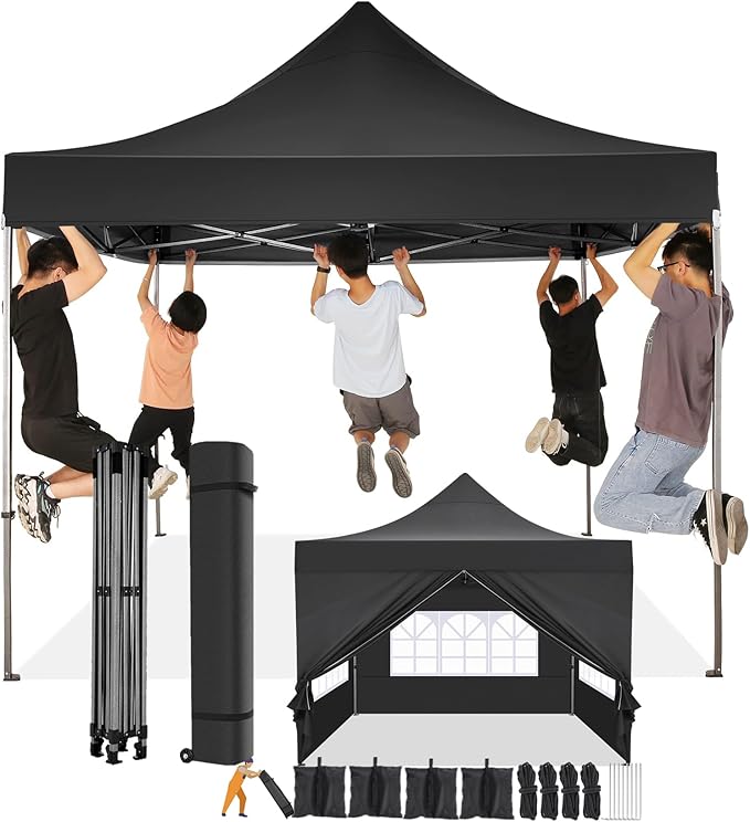 COBIZI 10x10 Pop Up Canopy Tent 10x10 Canopy with 4 Sidewalls Waterproof Heavy Duty Commercial Canopy Tent for Parties Outdoor Garden Gazebo, Carry Bag with Wheel(10x10ft, Black)