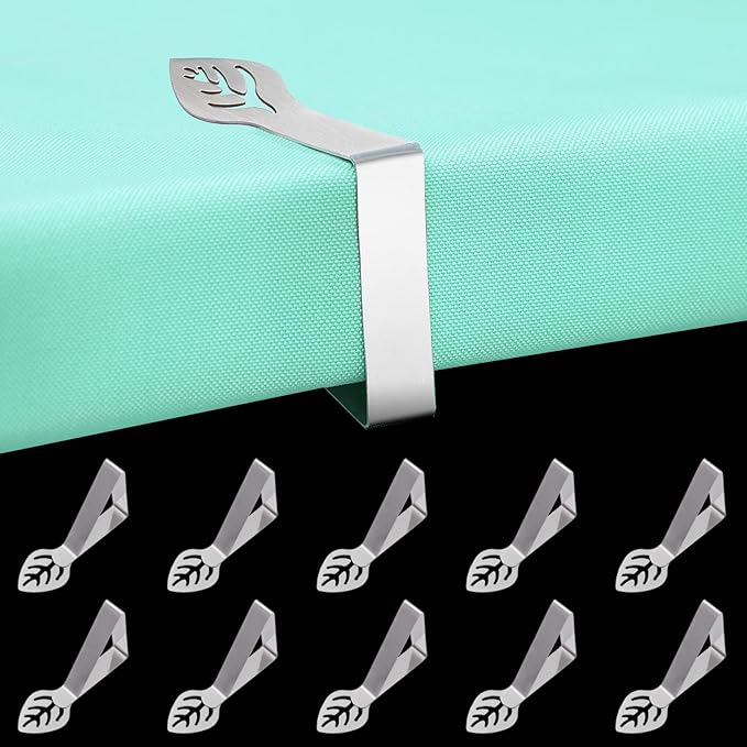 Table Cloth Holder Clips 10 Pack, Leaf Shape Picnic Tablecloth Clip Outdoor Large Heavy Duty Stainless Steel Decorative Cover Clamp Pin for Party Wedding Restaurant Camping RV Essential Accessories