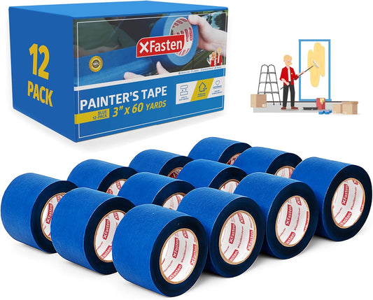 XFasten Blue Painters Tape Bulk 3-Inch x 60-Yards (12-Pack, 2160ft Total) Wall Safe Painters Tape 3 Inch Wide, Blue Masking Tape Bulk, Paint Tape for Walls, Painting, Automotive