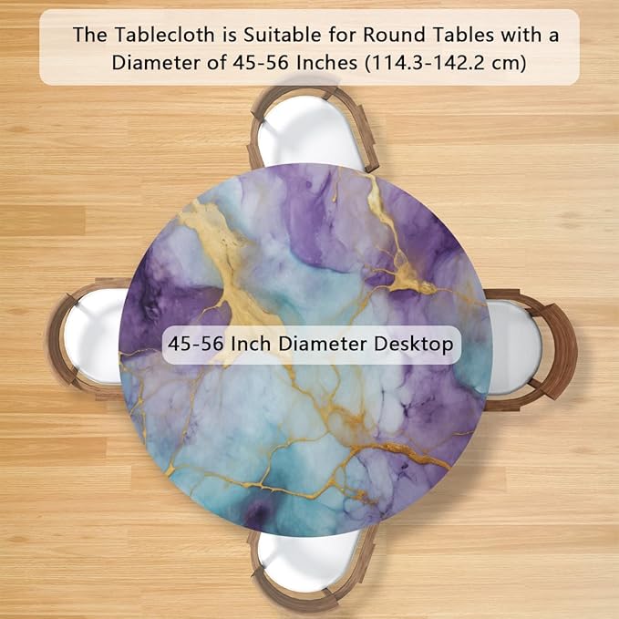Marble Purple Gold Blue Round Table Cloth Cover, Elastic Edge Waterproof Wipeable Tablecloths 45"-56" Polyester Tablecloth for Party Restaurant Banquet Holiday Camping Outdoor Picnic