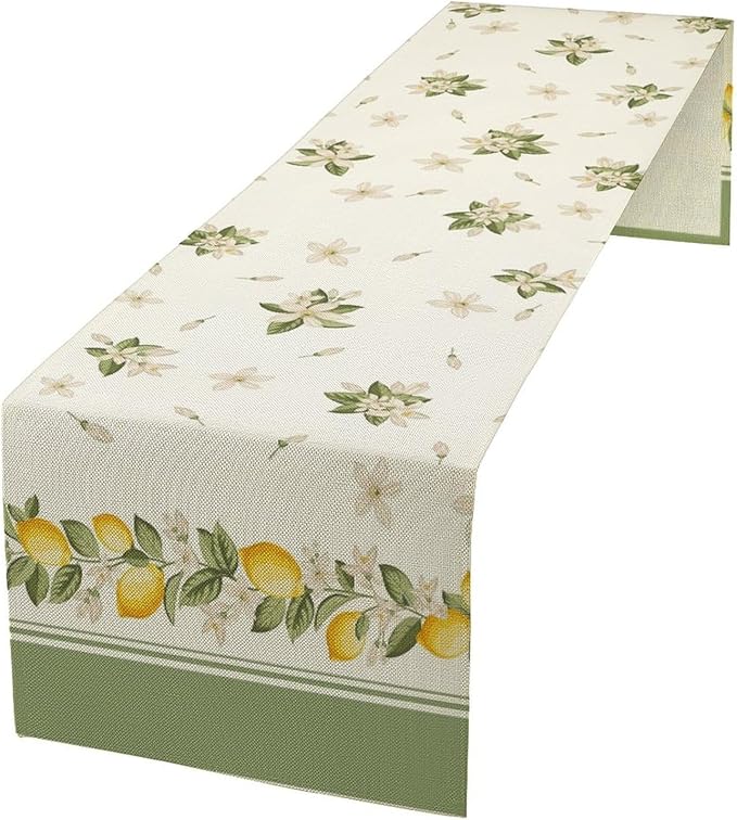 Lemon Spring Table Runner, Farmhouse Rustic Summer Flower Leaves Table Cover for Home Kitchen Dining Room Table, 13x36inch