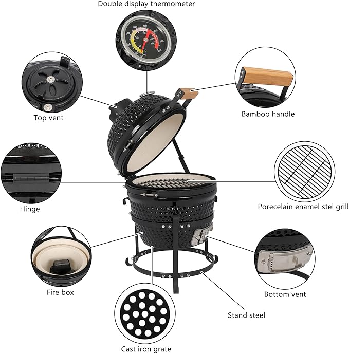 VINGLI 13" Kamado Charcoal Grill Portable Barbecue Grill BBQ Kettle Stand Lid Perfect for Outdoor Camping Patio Backyard Picnic