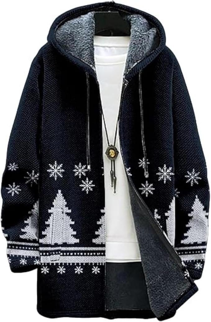 Men's Hooded Sweater Coat Knit Fleece Lined Long Cardigan Jacket with Zip Front Pocket Vintage Casual Zip Up