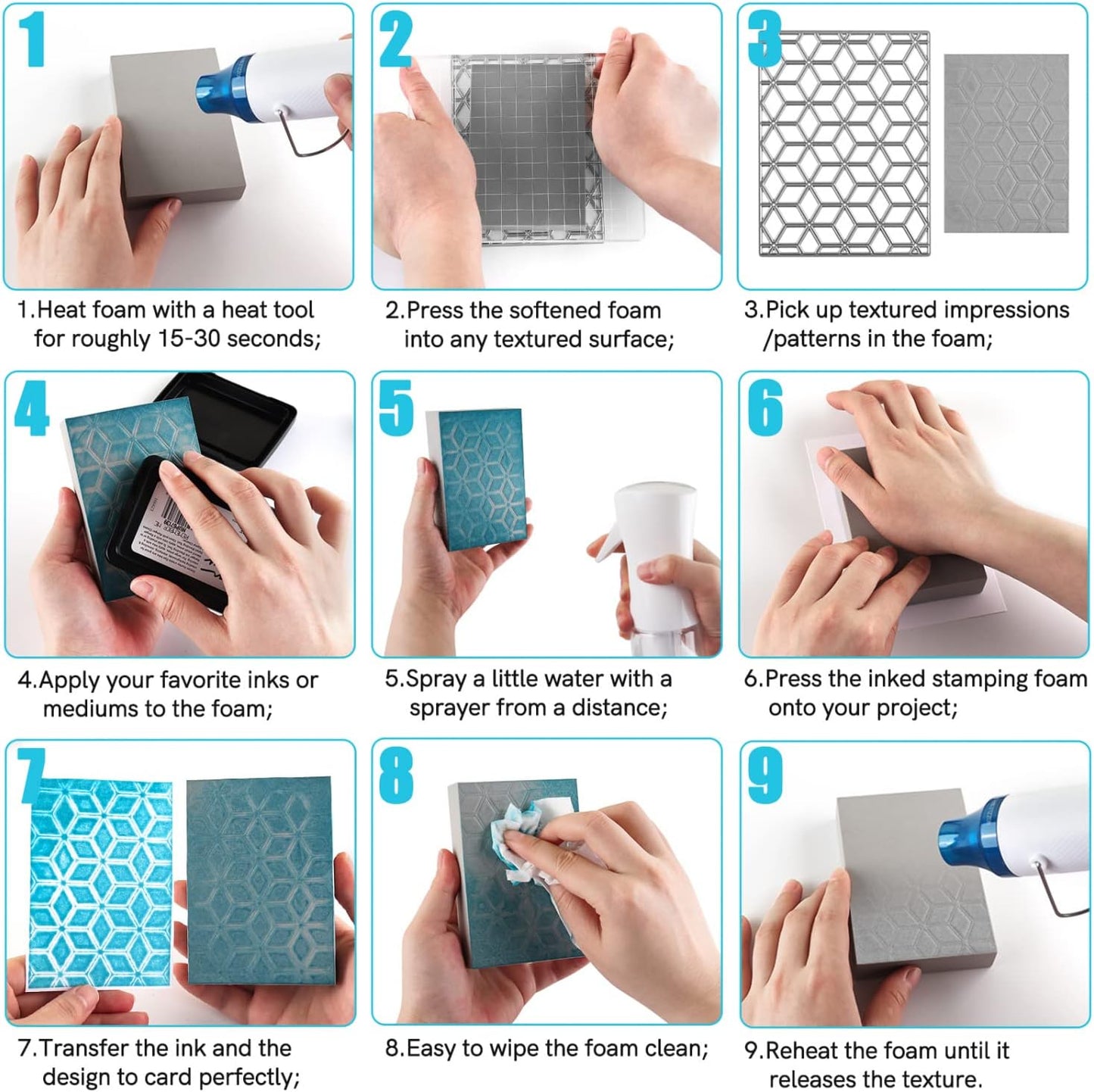 BAOFALI 8 Pcs Stamping Foam Grey Moldable Foam with Acrylic Stamp Block Stamps Plastic Pad Cut and Dry Foam Stamping Foam Block for Sculpture, Modeling, DIY Arts and Handicrafts Projects