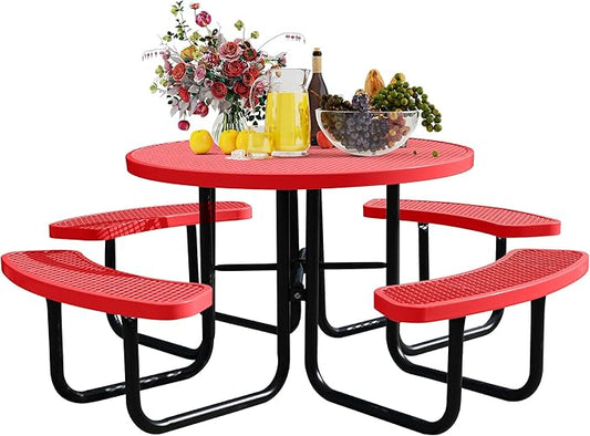 46'' Round Metal Picnic Table for Outdoors, Commercial Steel Metal Picnic Tables, Heavy Duty Sturdy Picnic Tables Furniture Set for Patio Garden Courtyard BBQ, with Umbrella Hole, Red