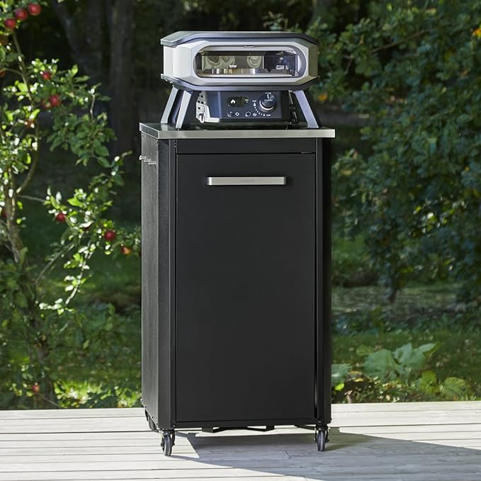 Outdoor Kitchen Table for Pizza Oven & Grill - Tall 110 cm 43" Height - Stainless Steel Worktop, 4 Wheels with Brakes, Modular Design, Storage Space & Hooks, Weatherproof & Robust Cabinet Cart