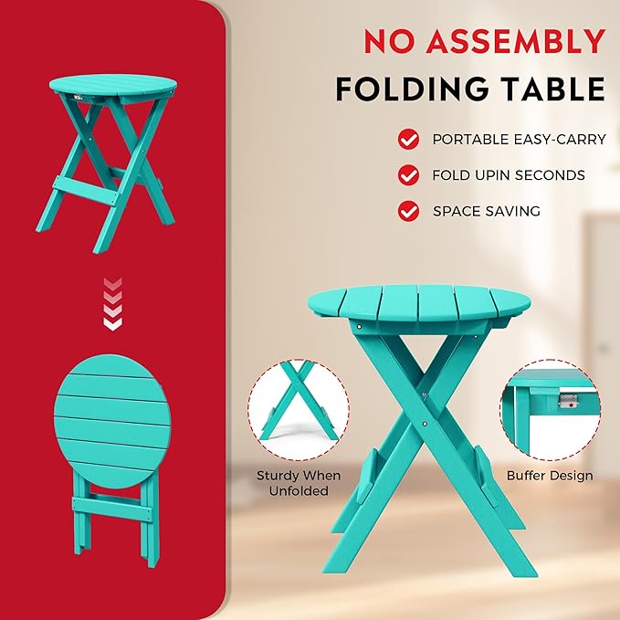 Costaelm Paradise HDPE Outdoor 24.5 Inch Round Portable Folding Patio Dining Table, Turquoise