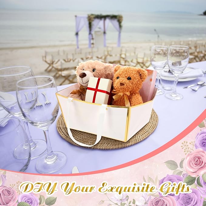 Pinkunn 48 Pcs Basket for Gifts Empty DIY Bulk Gift Basket Kit with Handles Kraft Cardboard Tray for Wedding Baby Shower Graduation Party Anniversary Party Display(White Gold)
