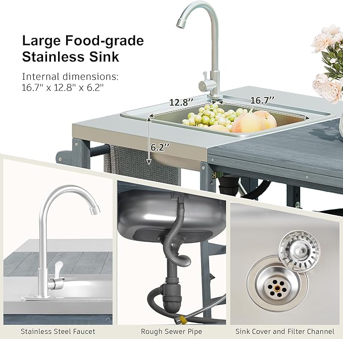 75.4" Outdoor Kitchen Grill Cart with Sink, Solid Fir Wood Island for XL Egg Grills, Rolling BBQ Bar Cart with Stainless Steel Top & Storage, Brown