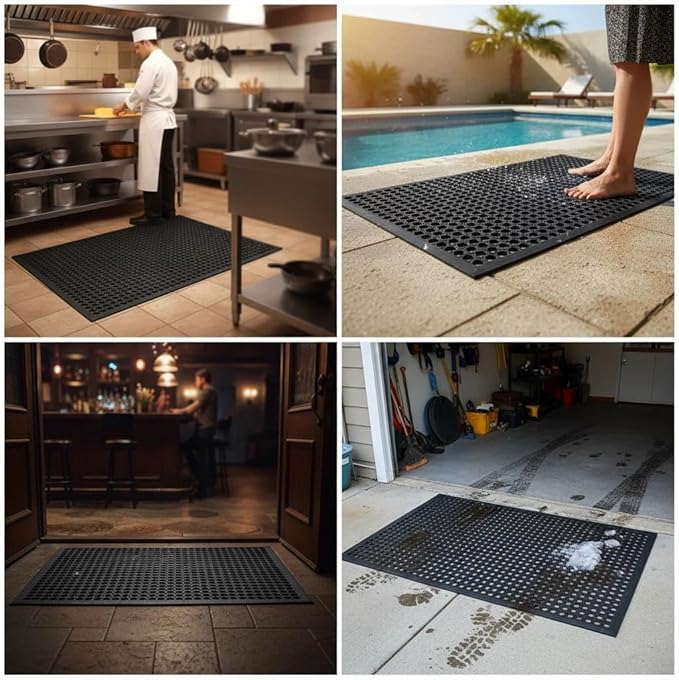 Large Rubber Doormat for Outside - 60 x 35 Heavy Duty Outdoor Drainage Mats with Holes - Waterproof Anti Slip Fatigue Floor Mat for Door, Commercial Kitchen, Pool, Restaurant, Garage, Bar, Entrance