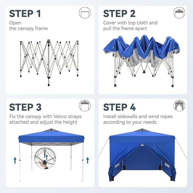 PHI VILLA 10x10 Pop Up Canopy Tent with Sidewalls - Easy Up Tent with Mesh Windows for Ventilation, Waterproof Design - Ideal for Parties, Beach, and Outdoor Events (Blue)