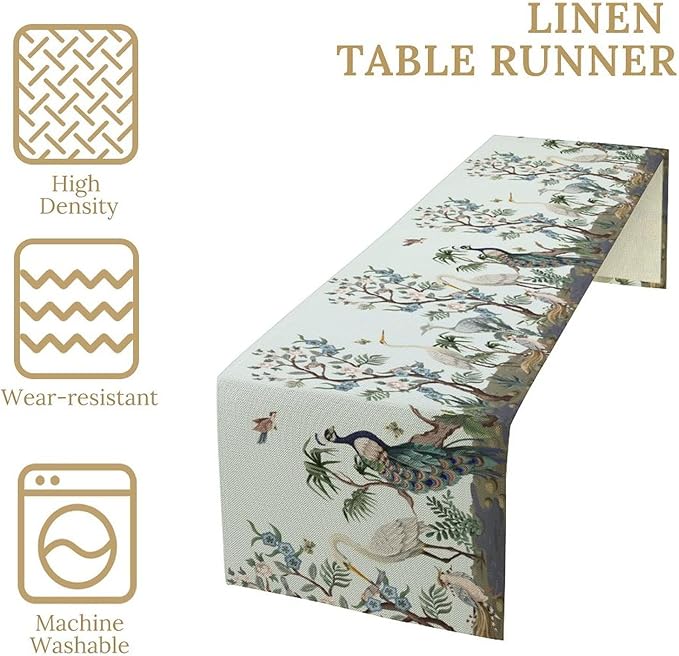 Blue Peacock Table Runner,Rustic Light Blue Crane Floral Branch Table Center Decor for Home Dining Kitchen Patio Holiday Party Indoor Table Decorations, 13"x90"