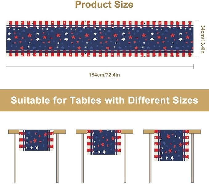 4th of July Table Runner, America Stars Stripes Patriotic Independence Memorial Day Table Runner for Kitchen Dining Home Party Holiday 13x36in