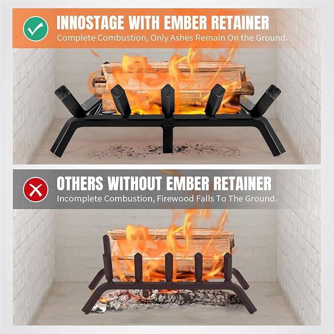 Fireplace Grates with Ember Retainer - 17 Inch Fireplace Log Grate, Firewood Wood Log Holder Rack, Inside Wrought Cast Iron Fire Grate for Hearth Indoor Outdoor Camping