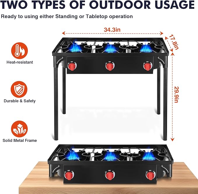 Llamaviva 3 Burner Gas Stove, Propane Outdoor Stove with Removable Legs,Auto Ignition Button&Regulator, 225,000 BTU,Propane Burners for Outdoor Cooking, Camping&BBQ Cookouts
